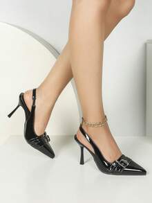 女士黑色尖头套脚派对时尚简约舒适尖头细高跟鞋，百搭休闲高跟鞋 - 黑色 - 查看 4