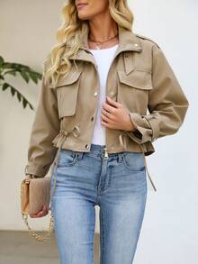 Women's Stylish Short Jacket With Drawstring Waist And Pockets Long Sleeve Button Front Woven Fabric Utility Coat