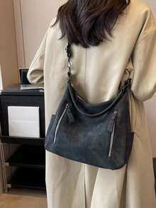 新款休闲哑光质感大容量时尚百搭单肩包，高端沙滩手提包，独特低调通勤拉链双肩带斜挎包 - 黑色 - 查看 7