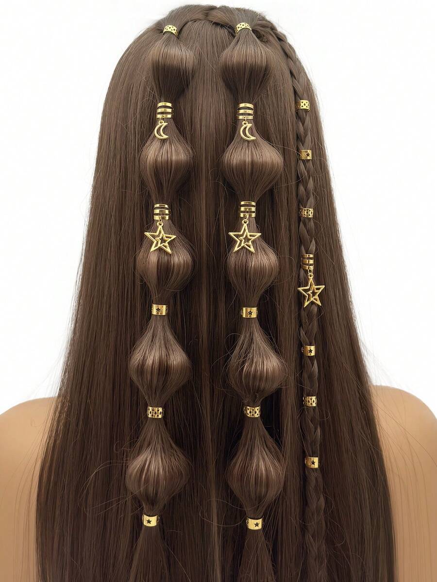 45pcs Star & Moon Metallic Hair Accessories Set, Suitable For Braids, Scrunchies, Dreadlocks, For Women & Girls To Wear On Parties And Festivals, Claw Clips, Hair Slide, Hair Barrettes, Head Accesssories - Gold - View 1