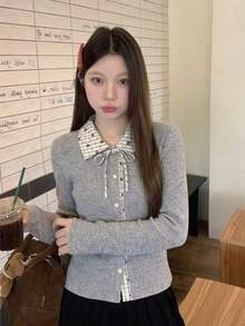Women's Casual Front Button Knit Top - Grey - View 3