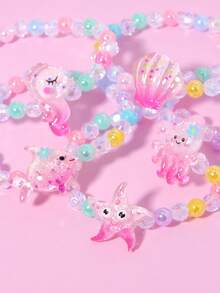 5件套可爱海洋主题章鱼、贝壳、鱼、海马、海星珍珠串珠手链腕带首饰套装，适合节日派对、学校活动、女孩生日礼物 - 彩色 - 查看 7