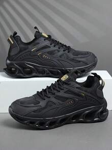 男士厚底厚底运动鞋，黑色皮革鞋面增高鞋，休闲系带厚底鞋，未来主义机械设计，透气舒适，小众时尚街头服饰 - 黑色 - 查看 1