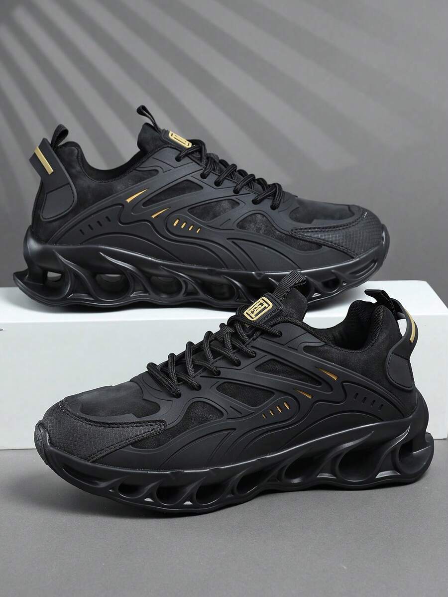 男士厚底厚底运动鞋，黑色皮革鞋面增高鞋，休闲系带厚底鞋，未来主义机械设计，透气舒适，小众时尚街头服饰 - 黑色 - 查看 1