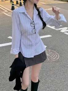 女士条纹长袖单排扣休闲衬衫 - 白色 - 查看 4