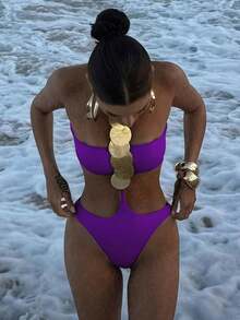 1pc Women's Sexy Halter Sequin Decor One-Piece Swimsuit Vacation Beach Summer - Purple - View 2