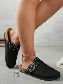 Zuecos de ante y madera para mujer, pantuflas de cuero, plantilla de corcho suave, soporte de arco, correa ajustable, pantuflas de interior - Negro - Ver 3