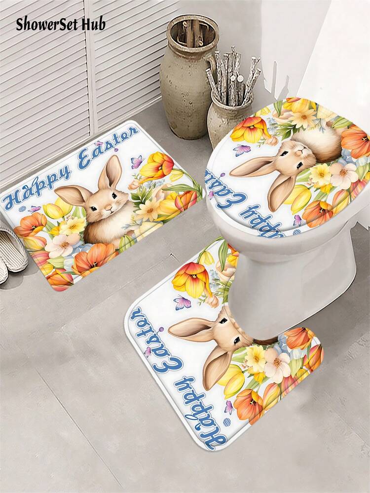 1/3/4pcs Happy Easter Bunny & Tulip Shower Curtain Bathroom Sets, Waterproof And Wear-Resistant Accessories,With 12 Hooks - Includes Toilet Seat Cover, Bath Mats, And Rugs - Plastic Fabric - Washable,Mildew-Resistant - Perfect For Holiday Decor,Home/Bedroom/House/Western/Spring Decor, - Multicolor - View 6