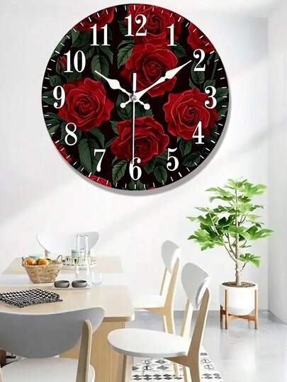 1pc Silent Non-Ticking Wall Clock With Red Rose Pattern - Elegant Wooden Decorative Clock Suitable For Bedroom, Living Room, Office, Kitchen, Bathroom - Battery Powered (AA Batteries Not Included), Living Room Decor | Floral Wall Clock | Wooden Wall Clock
