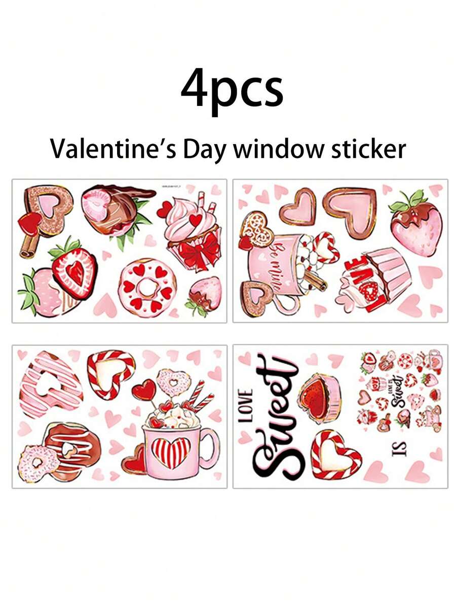 4片装情人节主题窗贴 - 4片甜点图案静电贴窗贴，包含心形/草莓/甜甜圈/纸杯蛋糕设计，可移除PVC窗贴，无需胶水，易于粘贴/撕除，不留残胶 - 彩色 - 查看 1