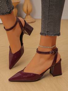 女士优雅尖头粗跟凉鞋，纯色，适合西式婚礼，性感又不失精致 - 酒紅色 - 查看 5