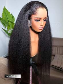 8-36英寸蓬松直发人发混纺假发，13x4透明蕾丝封顶，180%密度蓬松直发假发，无胶预剪蕾丝，自然黑 - 自然色&黑色系 - 查看 3