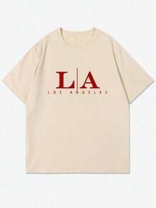 Manfinity Homme Men's Fashion Round Neck Short Sleeve Letter Graphic Casual T-Shirt Los Angeles T Shirt - 杏色 - 查看 2