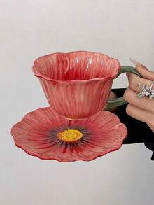 1set Ins Style High-Quality Ceramic Flower Petal Coffee Cup & Saucer Set, Hand-Painted Underglaze Relief Craftsmanship, Household Breakfast Milk Cup, Bread Plate, Office Afternoon Tea Coffee Cup, Latte Art Cup, Juice Beverage Cup, Dessert Cake Plate, Couple Water Cup, Holiday Gift Cup