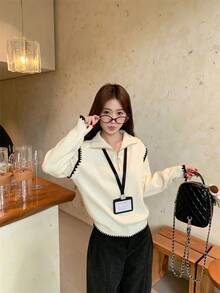 Korean Style Contrast Color Design Half Zip Casual Versatile Knit Sweater - Apricot - View 2
