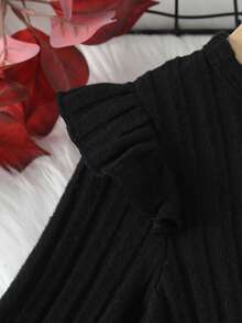 情人节女童磨毛罗纹短袖圆领长袖植绒爱心网纱连衣裙 - 黑色 - 查看 4