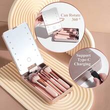 Makeup Brushes Foundation Powder Concealers Eye Shadows Makeup Set With LED Light Mirror 14 Pcs Mini Makeup Brushes APINK - BlackWhitePink - View 3