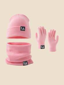 3pcs LA Logo Knit Beanie + Scarf + Gloves Set, Unisex Autumn/Winter Windproof Warm Soft Comfortable Hat, Neck Warmer, Gloves, Suitable For Daily Commute, Study, Work, Gathering, Outdoor Travel, Hiking, Versatile Knit Cap, Essential For Cold Weather Vacation Outfits - A - View 8