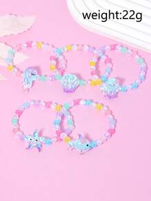 5件套可爱海洋主题章鱼、贝壳、鱼、海马、海星珍珠串珠手链腕带首饰套装，适合节日派对、学校活动、女孩生日礼物 - 彩色 - 查看 4