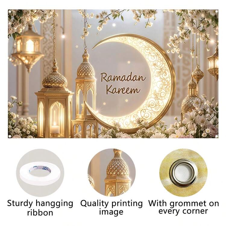 1pc Elegant Ramadan Mural Banner, Polyester Golden Crescent Moon And Lantern Design, Wall Decor For Room And Party, Festive Home Decoration For New Year And Eid Al-Fitr Celebrations - Multicolor - View 4
