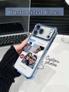 1 pieza Funda de teléfono personalizada con 3 fotos de retrato familiar/de pareja, diseño de texto personalizado, cubierta protectora transparente de TPU con electrochapado azul a prueba de golpes compatible con iPhone 17 Pro Max/16 Pro Max/15 Pro/14 Plus/13/12/11/XR/XS MAX y S25 Ultra/S24 Ultra/S23 Ultra/S22 Ultra/S21 Ultra/S21 Plus/S21 FE/S20 FE, de moda, colorida, linda, divertida, minimalista, personalizada Kawaii, única, regalo ideal para novio/novia