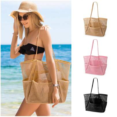 1 pieza Bolso de playa de malla para mujer, bolso de hombro, adecuado para picnic, piscina, ocio y viajes, bolso de playa plegable de gran capacidad, con bolsillo con cremallera, bolsillo impermeable y antiarena, bolso de playa para mujer, adecuado para picnic, vacaciones, natación y almacenamiento de viajes a la playa