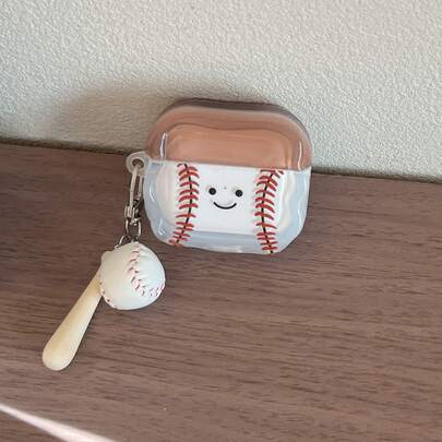 Cartoon Baseball Boy Smiling Face Brown & White Patchwork Fully Enclosed Fashionable Earphone Case + Baseball Bat Charm, Unisex Style Suitable For AirPods 4th/3rd/Pro/Pro 2/1st/Pro 3rd Generation Earphone Case, Can Be Paired With Keychain, Durable And Safely Closed, Perfect Fit Design, Fashionable Daily Accessory