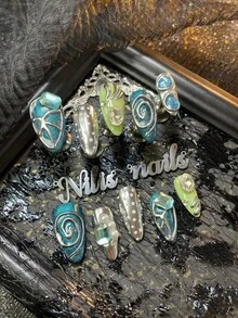 10pcs Almonds Nail Acrylic Kit, Blue&Silver&Green Nails, Blue Cat Eyes,3D Stereo Pearl&Diamond Nail Accessories Decoration,Colorful Nail Gems,Handmade Chrome Nails Powder&Polka Dot Nails,Y2k Style Nail Art Set,Suitable For Women And Girl To Festivals,Daily, Gatherings,Parties Use,Comes With 1 Mini Nail File And 1Double-Sided Adhesive Label Nail Stuff - Multicolor - View 2