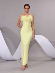 Modphy 仿羽毛性感无肩带露背紧身绷带长裙，优雅女士正式晚礼服，适合婚礼、派对、伴娘等场合，春季款 - 黃色 - 查看 3