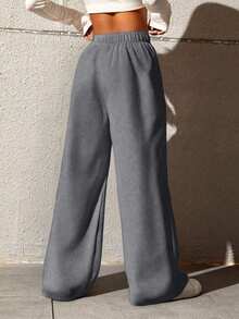 1pc Women's Casual Loose Waffle Straight Leg Pants, Versatile & Fashionable For Outdoor - Dark Grey - View 2