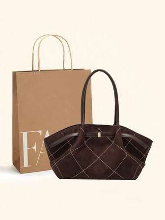 Yeni Nakışlı Dikişli Renk Bloklu Süet Deri Retro Şık Kadın Moda Omuz Çantası Çok Fonksiyonlu Özel Seri Zarif Geniş Kapasiteli Dayanıklı Hafif Çok Yönlü Tote Çanta İş, Seyahat, İşletme ve Kozmetik Saklama İçin