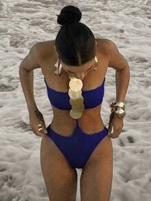1件装女士性感露背亮片装饰连体泳衣 - 藏蓝色 - 查看 2