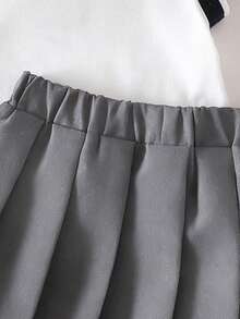 2pcs Baby Girls' Heart Embroidery Polo Collar Sleeveless Top And Ribbon Waist Pleated Skirt Set, Cute & Elegant Street Style - Light Grey - View 6