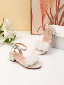 1 Par de Sandálias de Salto Alto Elegantes de Tecido Floral, Sapatos de Dança de Salto Alto para Meninas, Sandálias para Apresentação e Uso Diário de Estudantes, Sapatos de Casamento