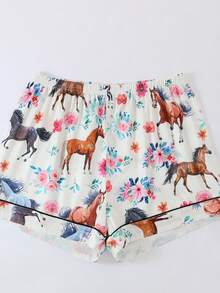 3 piezas Conjunto de pijama de mujer, manga corta, pantalones cortos y pantalones, pijama casual con solapa y botones, patrón de pareja de animales de dibujos animados de caballos, cómodo y holgado, adecuado para todas las estaciones, ropa de casa, regalo del Día de San Valentín - Blanco - Ver 7