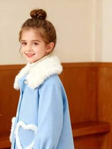 女童秋冬开衫，羊毛外套，心形口袋，可爱甜美校园风外套，礼物，节日礼物 - 藍色 - 查看 2