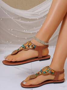 Women's Flat Sandals, Retro French Style Thick Bottom Sandals For Summer, Thong Sandals For Beach, Comfortable Soft Bottom Casual Sandals, High-End Strap Buckle Sandals, Fashionable Versatile Bohemian Flat Sandals, Brown Thong Sandals - Brown - View 5