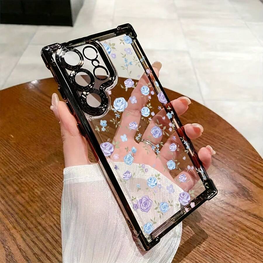 Funda de Teléfono con Patrón Floral Morado Fresco Compatible con 25 S24 S23 S22 S21 S20 FE S20 Ultra A03s A04E/M04 A05s A06 4G A13 4G A15 4G/5G A25 5G A32 4G A55 5G A03 A04 A05 A12/M12 4G A13 5G/A04S A16 4G/5G A35 5G S20 S20 Plus A34 S21 FE Ultra Plus 4G 5G, Funda Trasera Transparente Suave a Prueba de Golpes - Colores mixtos - Ver 1