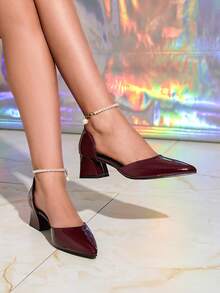 Pointed Toe French Style New Slip-On Mules, Glossy Burgundy Faux Leather High Heel Backless Sandals, Versatile Chunky Heel Party/Office Wear