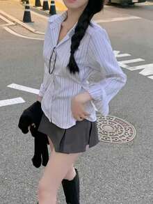 女士条纹长袖单排扣休闲衬衫 - 白色 - 查看 3