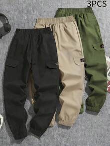 3 Pieces/Set Tween Boy Casual Sports Drawstring Pants With Fake Pockets, Versatile For Spring, Summer, Autumn And Winter - Black - View 2