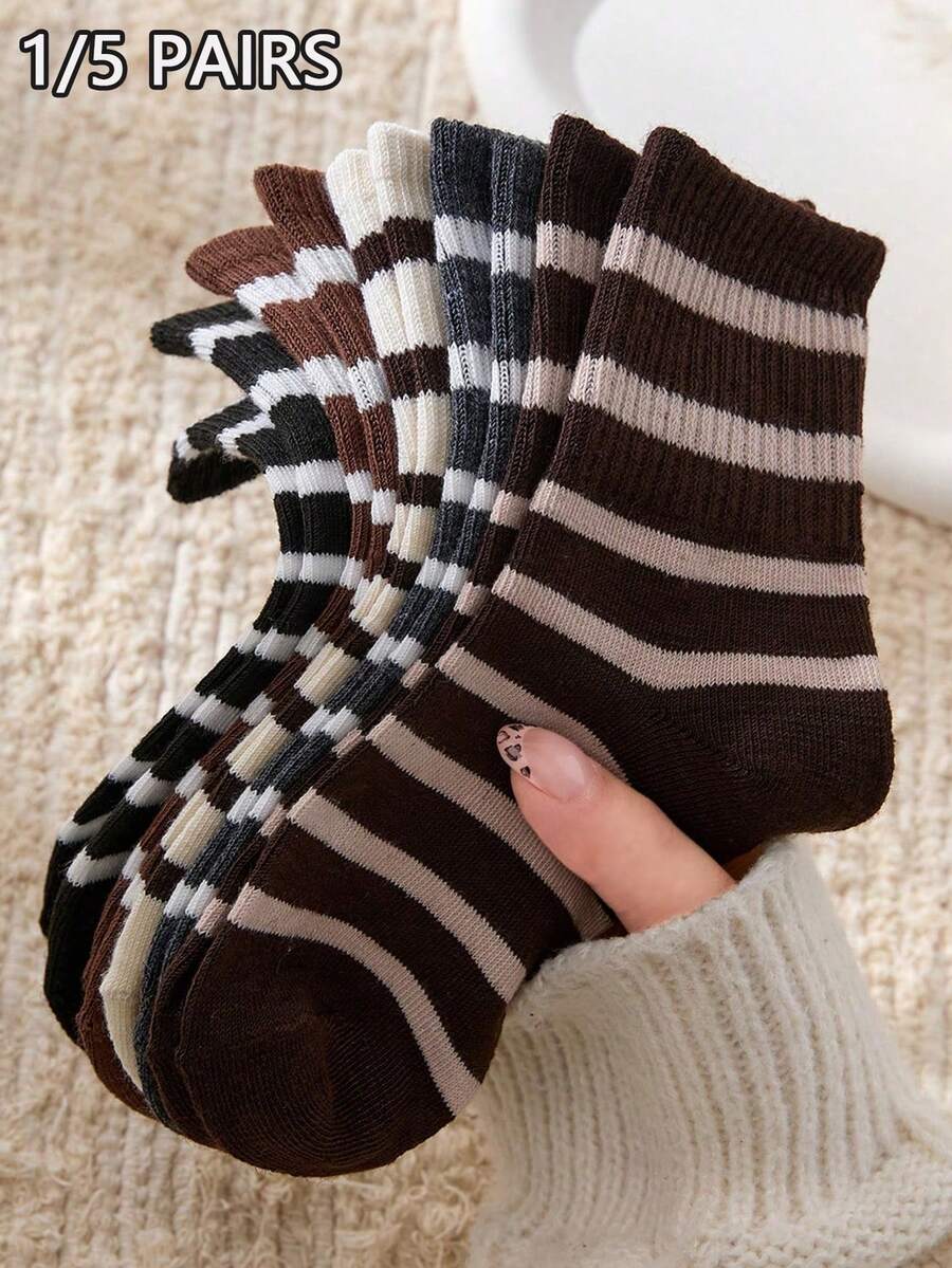 1/5 Pairs Women Striped Mid-Calf Socks, Comfortable Breathable Casual Cute Street Style Design, Suitable For All Seasons, Holidays, Gifts - Multicolor - View 1