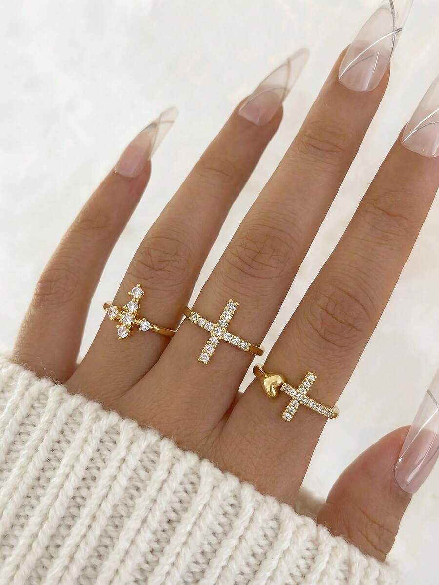 1pc Exquisite Sparkling Pave Zirconia Heart & Cross Ring For Kids Fashion Delicate Party Banquet Vacation Shopping Dates Christmas Birthday Jewelry Gift For Daily Casual - Gold - View 1