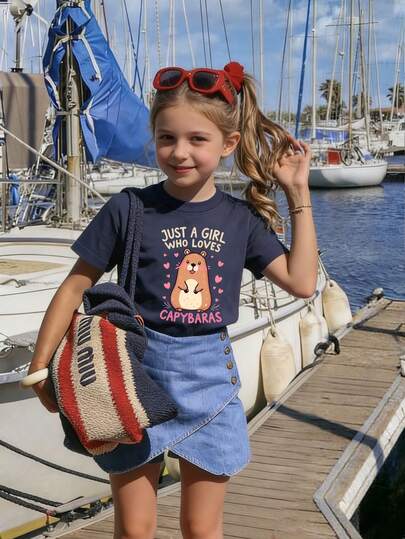 少女休闲粉色印花圆领短袖T恤，夏季上衣