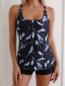 Damen Lässig Rundhals Träger Badeanzug, mit geraffter Büstenpartie, Rückenausschnitt, kombiniert mit Blatt-Muster Top und Shorts, zeigt eleganten Bademode-Stil - Schwarz - Übersicht 3