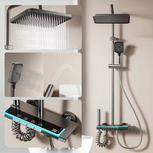 12英寸壁挂式卡迪特蓝雨淋式淋浴系统 | 钢琴键式控制 | 数字温度显示 | 四功能淋浴龙头套装，含雨淋式花洒和手持花洒 | 适用于现代浴室的高压增压装置 - 青碧色 - 查看 3