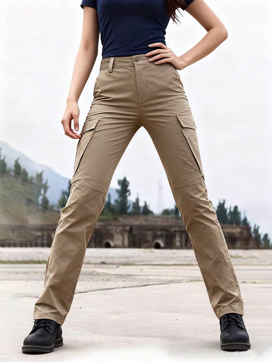 Streetwear Casual Commute Pocket Work Pants Lightweight Wide Leg Waist Cinched Travel Pants, Black Work Pants, Multifunctional Pockets, Outdoor Casual Loose Fit, Breathable Material, Suitable For Outdoor Enthusiasts - 香檳色 - 查看 1