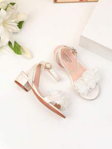 1 Par de Sandálias de Salto Alto Elegantes de Tecido Floral, Sapatos de Dança de Salto Alto para Meninas, Sandálias para Apresentação e Uso Diário de Estudantes, Sapatos de Casamento