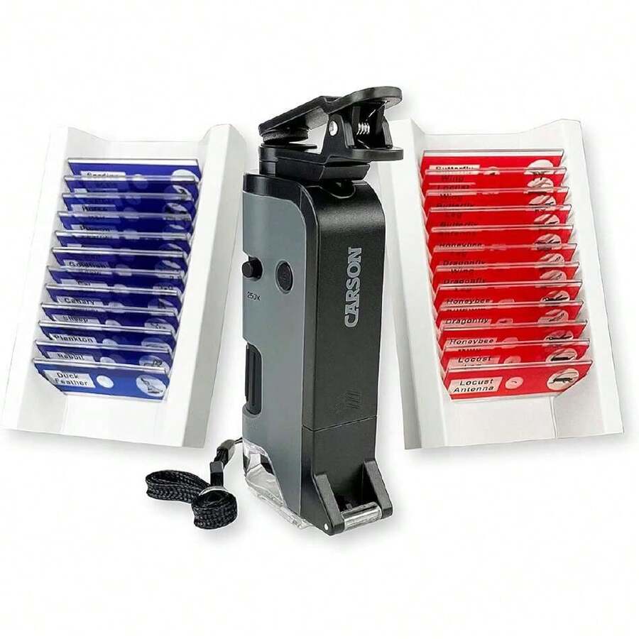 MicroFlip 100x-250x Microscopio de Bolsillo con luz LED con Base Deslizante, Clip Adaptador para Smartphone y Linterna UV,36981617 - Mostaza Amarilla - Ver 1