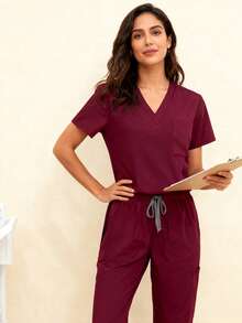 V-Neck Quick-Dry Scrubs Set, New Design | Stretchy & Lightweight | Suitable For Hospital, Clinic & Casual Wear | Multiple Pockets Spring - Burgundy - View 1